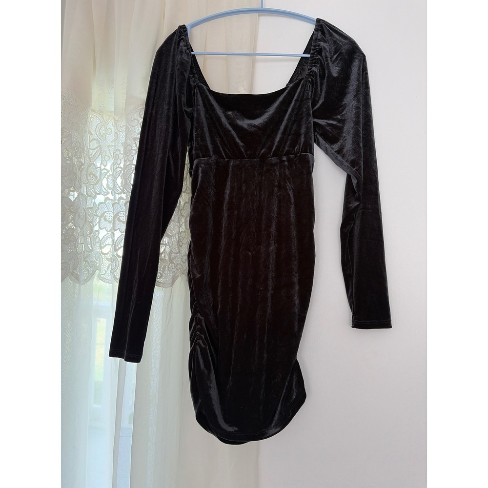Wild Fable‎ Mini Dress Womens Medium Charcoal Velvet Ruched Long Sleeve Retro
